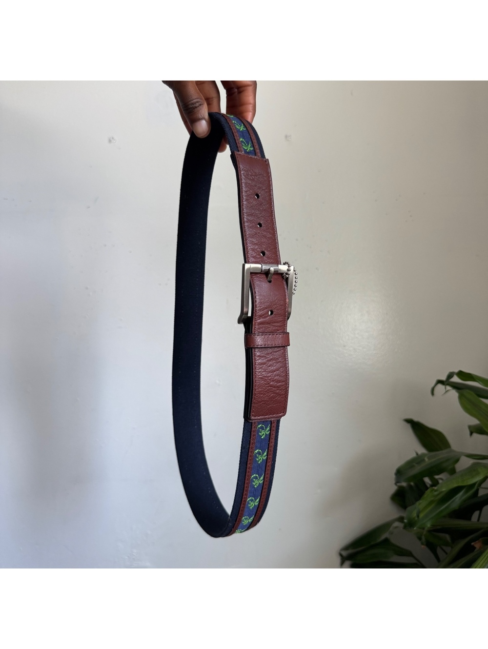 Vintage Preppy Embroidered Palm Tree Surcingle leather Belt Leather fits like L